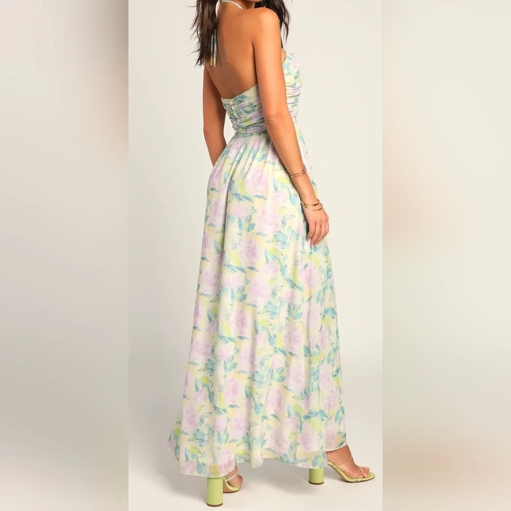 Lulus Effortlessly Abloom Green Multi Floral Ruched Halter Maxi Dress, Small